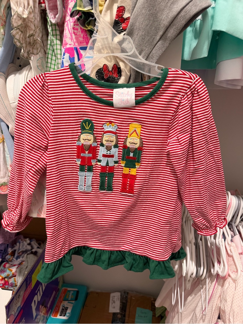 Stitchy Fish Red Stripe Nutcracker Matching Top with Green Trim